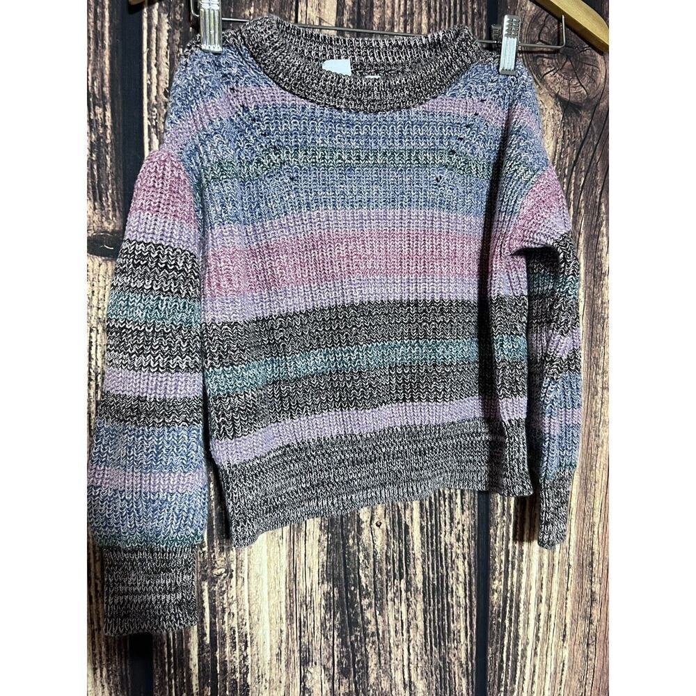 Gap Kids Girl Sweater Sz 6 7 Knit Neutral Long Sleeves Stripped Cotton Crew